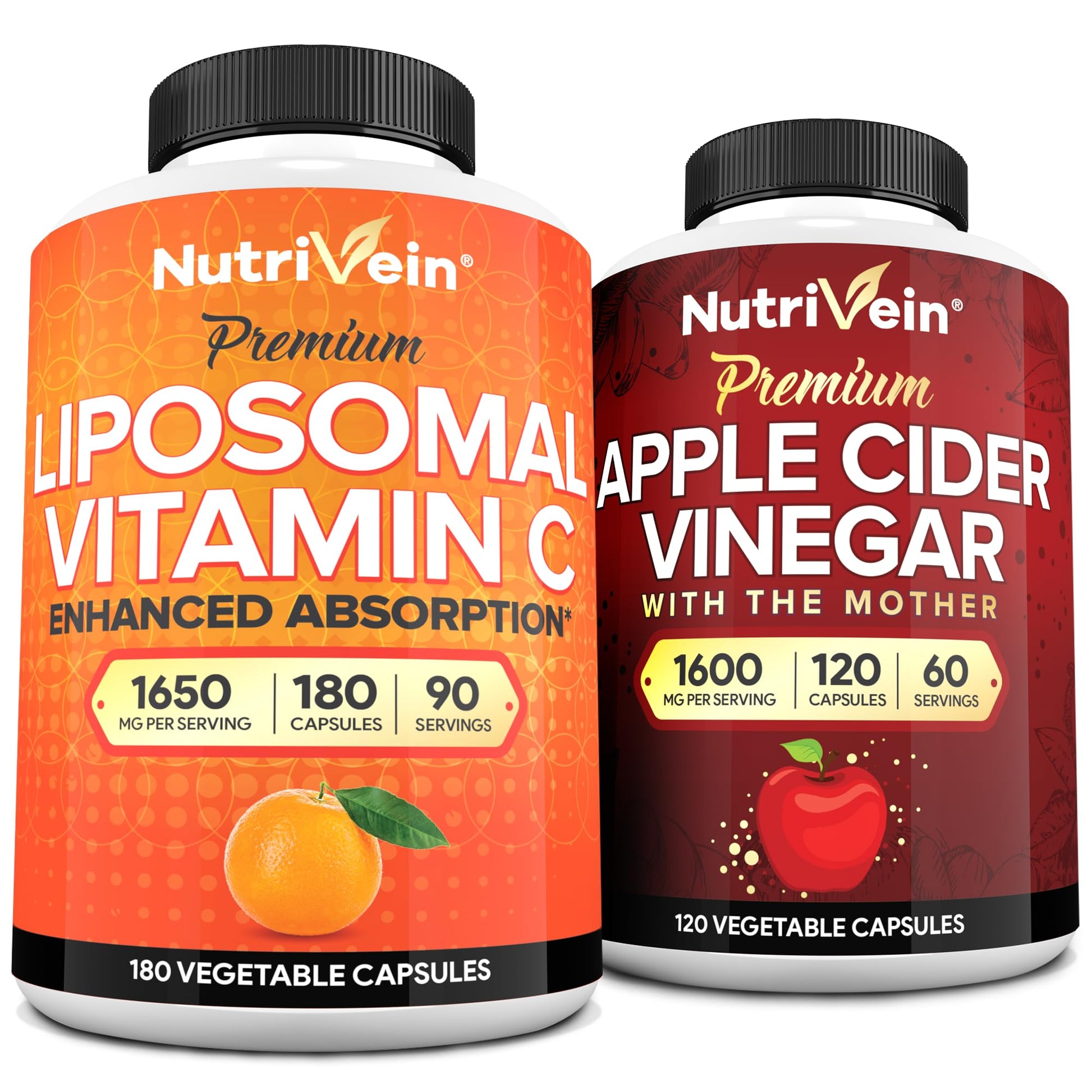 Nutrivein Apple Cider Vinegar Capsules & Liposomal Vitamin C Supplement Bundle, 300 Capsules