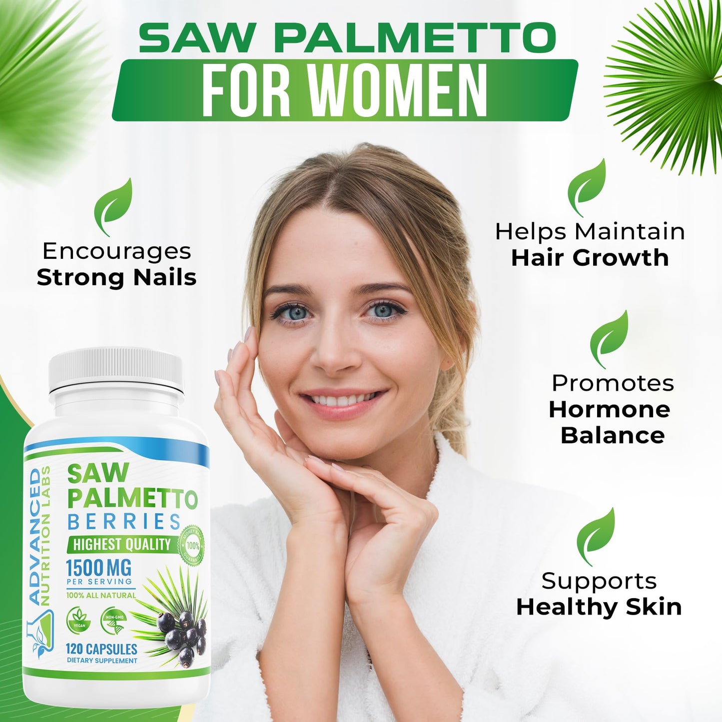 Advanced Nutrition Labs Saw Palmetto Berries & Extract 1500 mg Saw Palmetto Supplement for Men & Women - DHT Blocker for Hair Growth, Prostate Support & Urinary Health, Capsule, 120 Count
