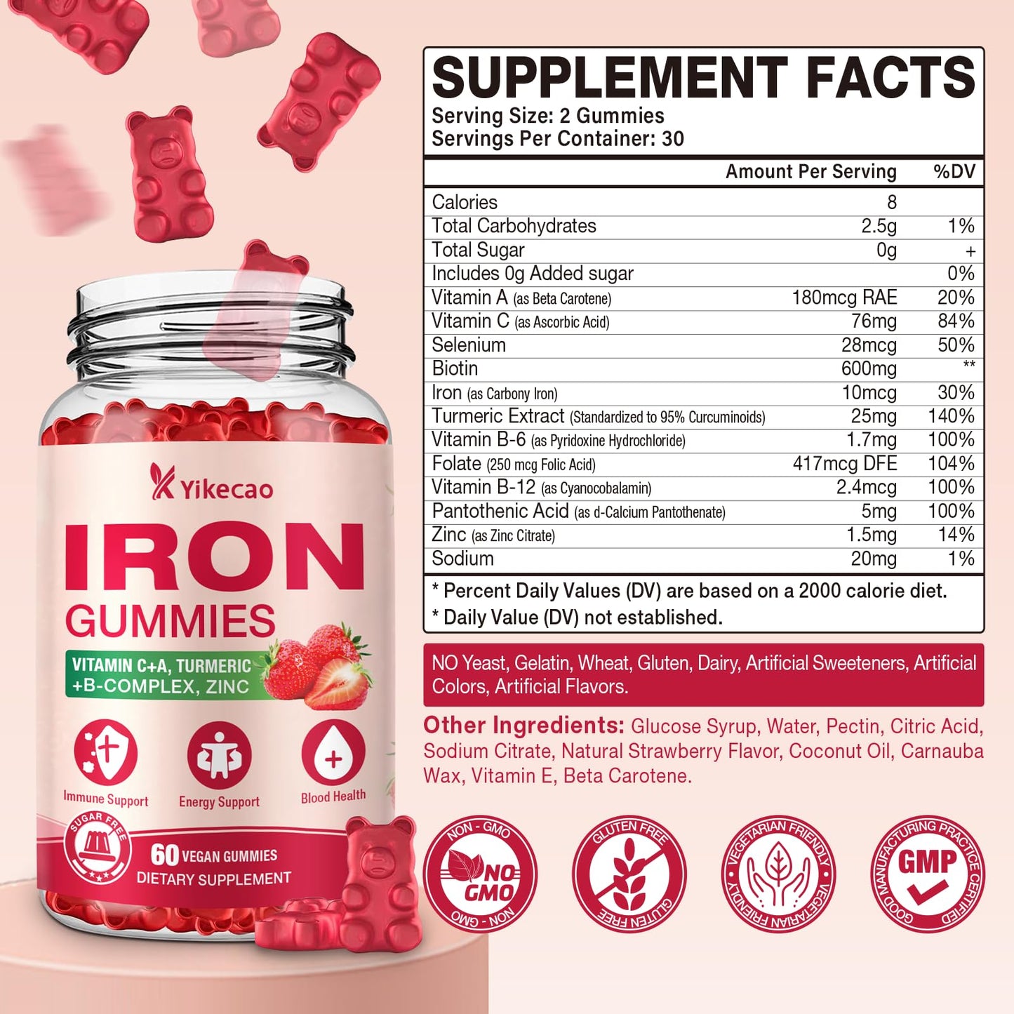 Yikecao Vegan Iron Gummies 60 Count