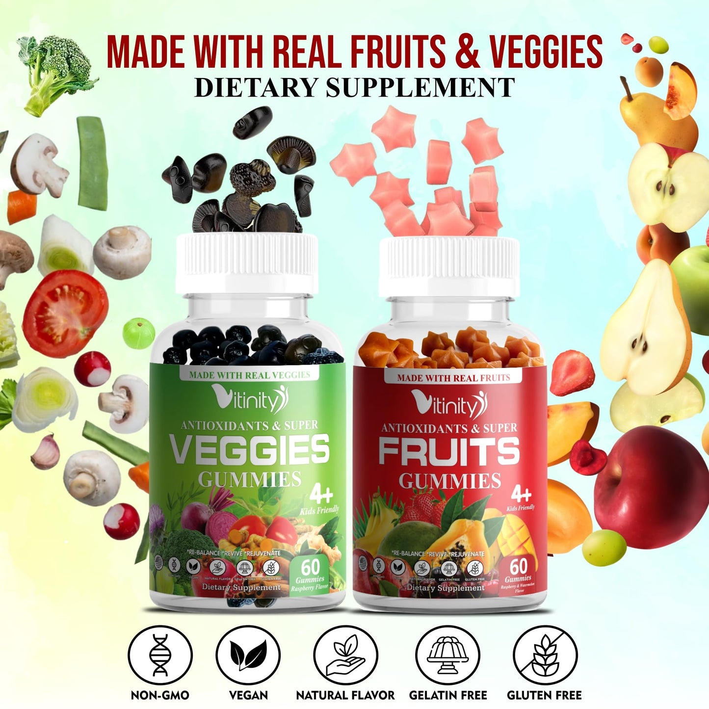 VITINITY Real Fruit & Veggie Gummies - Superfood Vegetable Vitamin Supplement, 240 Gummies