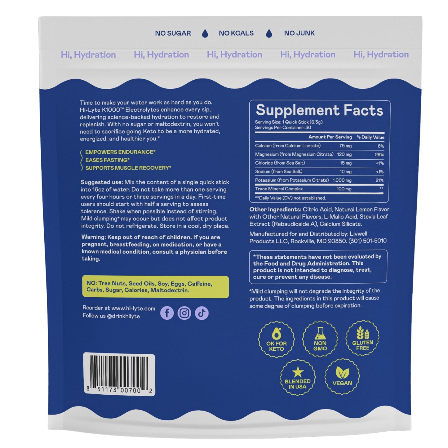 Hi-Lyte K1000 Electrolytes Powder Packets Lemonade, 30 Servings, 6.3 Ounce