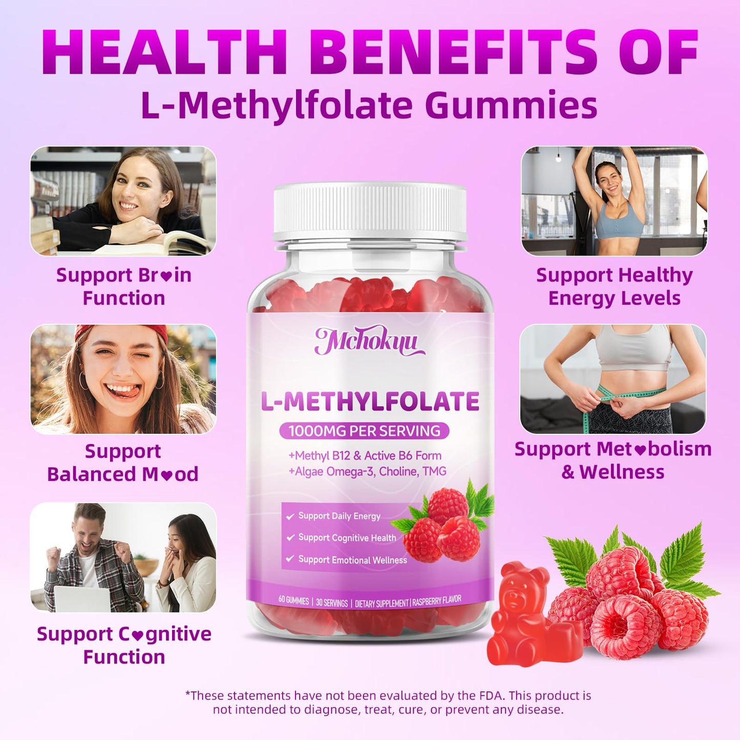 Mchokuu L-Methylfolate (5-MTHF) Gummies 1000mcg, Active Folate Supplement with Methyl B12, Choline, TMG & Omega-3, 60 Gummies