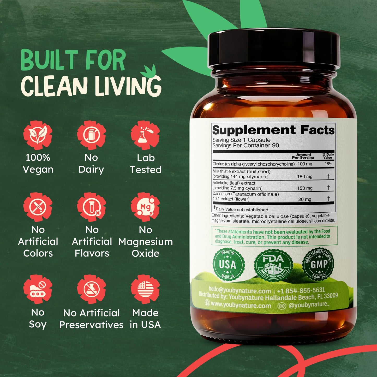 YOUBYNATURE Milk Thistle Complex with Choline, Artichoke Leaf & Dandelion Extract, Silymarin, Alpha GPC 90 Capsules