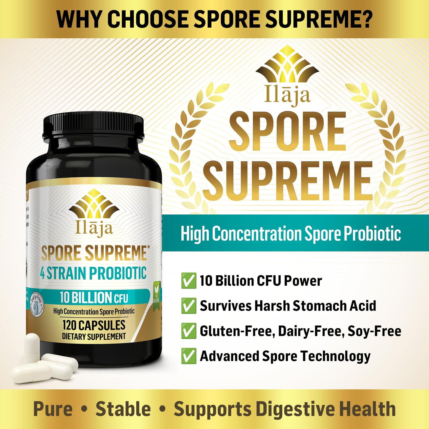 ILAJA Spore Supreme Spore Based Probiotic 120 Capsules, 10 Billion CFU, 4 Strain Formula, No Refrigeration Needed, Dairy Free
