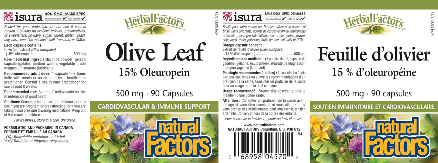 Natural Factors Olive Leaf 500 mg Capsules, 90 Count
