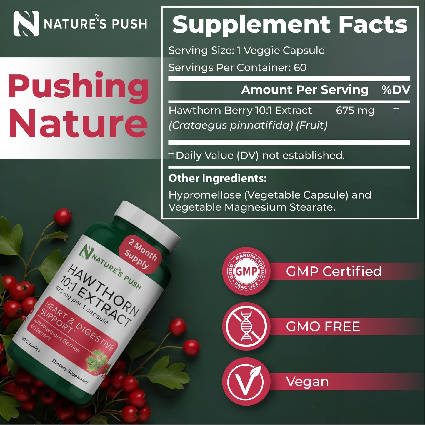 Nature's Push Hawthorn Berry Supplement 10:1 Extract 675mg Capsules, 60 Count