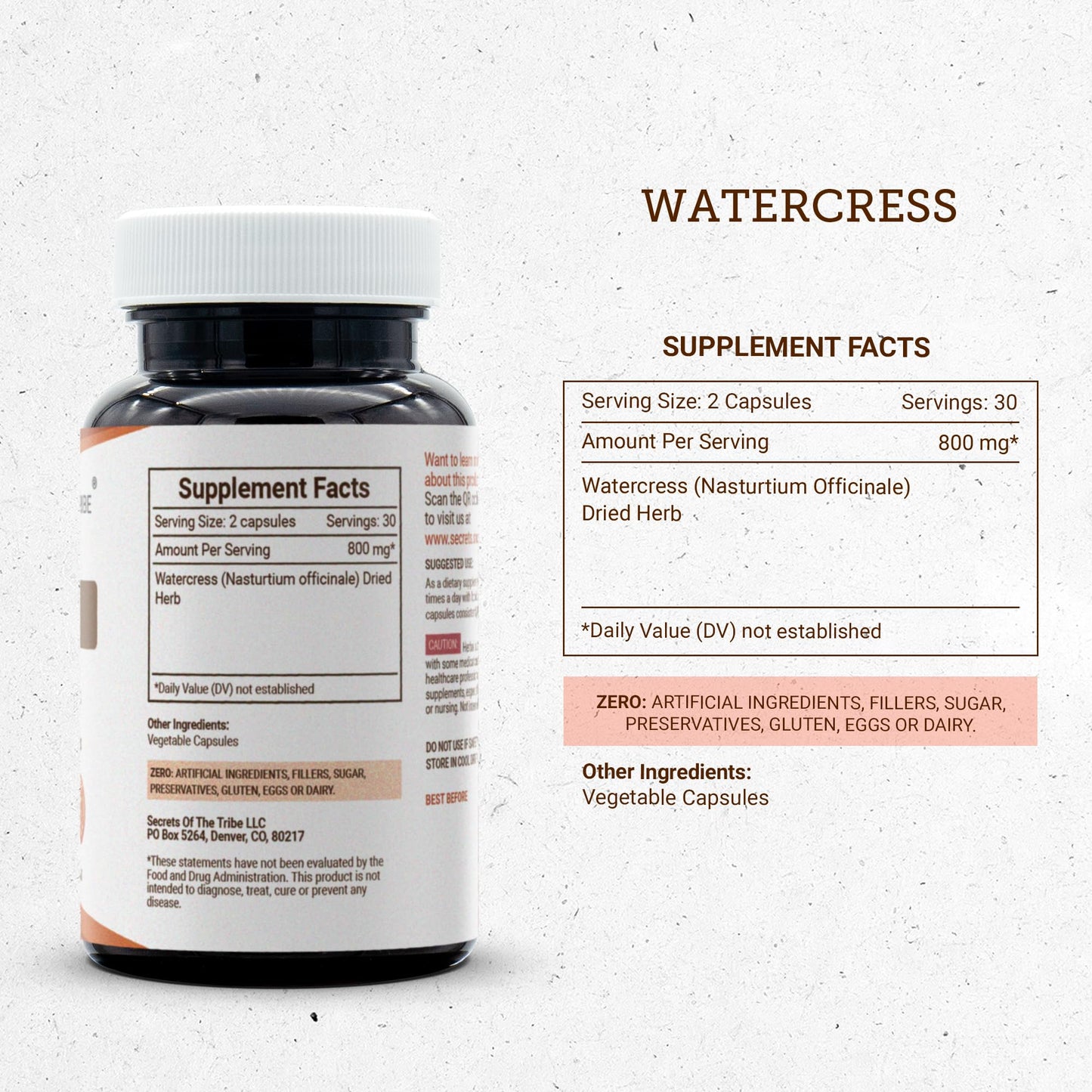 Secrets of the Tribe Watercress 800 mg Capsules, 60 Count