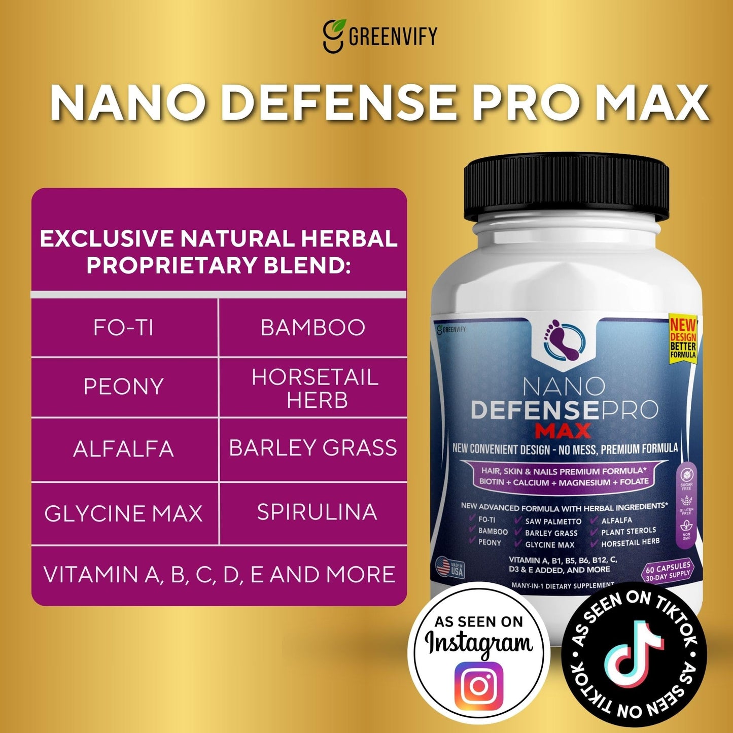 GREENVIFY Nano Defense Pro Max Hair Skin and Nails Supplement Biotin Calcium Magnesium Complex, 60 Capsules