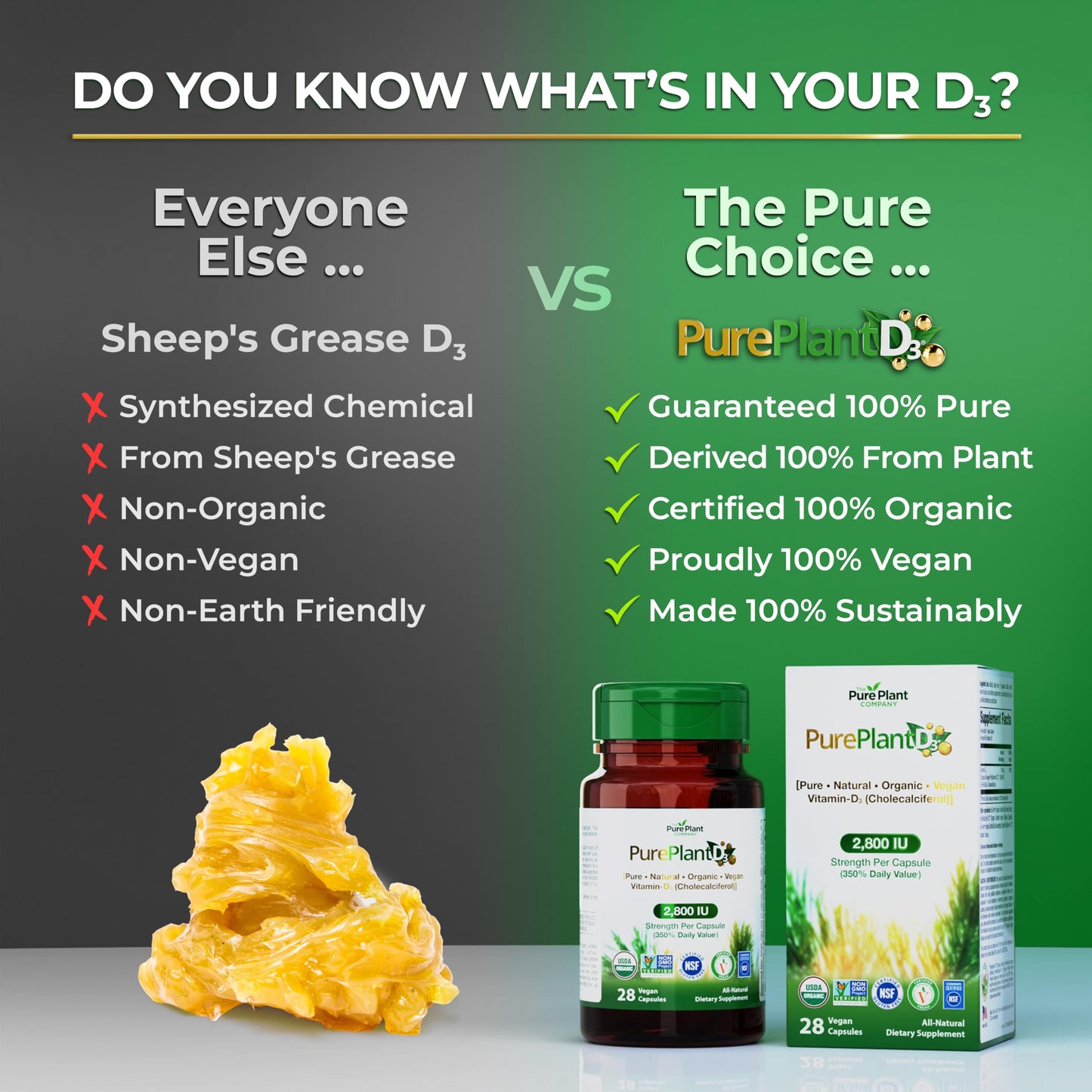 The Pure Plant Company PurePlantD3 Vegan Vitamin D3 2800 IU Organic Plant-Based 28 Capsules