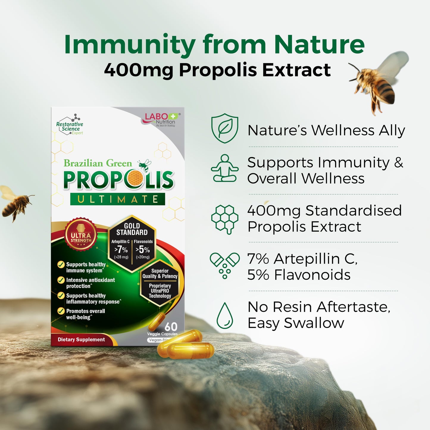 LABO Nutrition Brazilian Green Propolis Ultimate Capsules, 60 Count