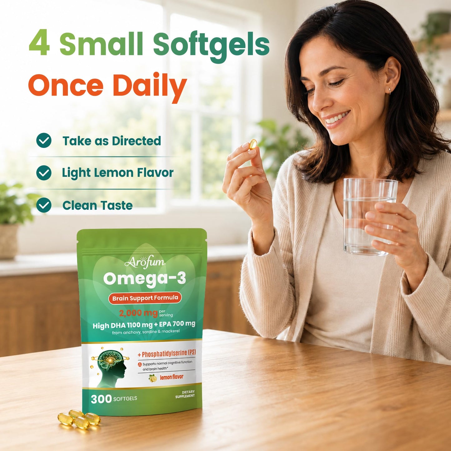 Arofum Omega 3 Fish Oil 2000mg with DHA & Phosphatidylserine Softgels 300