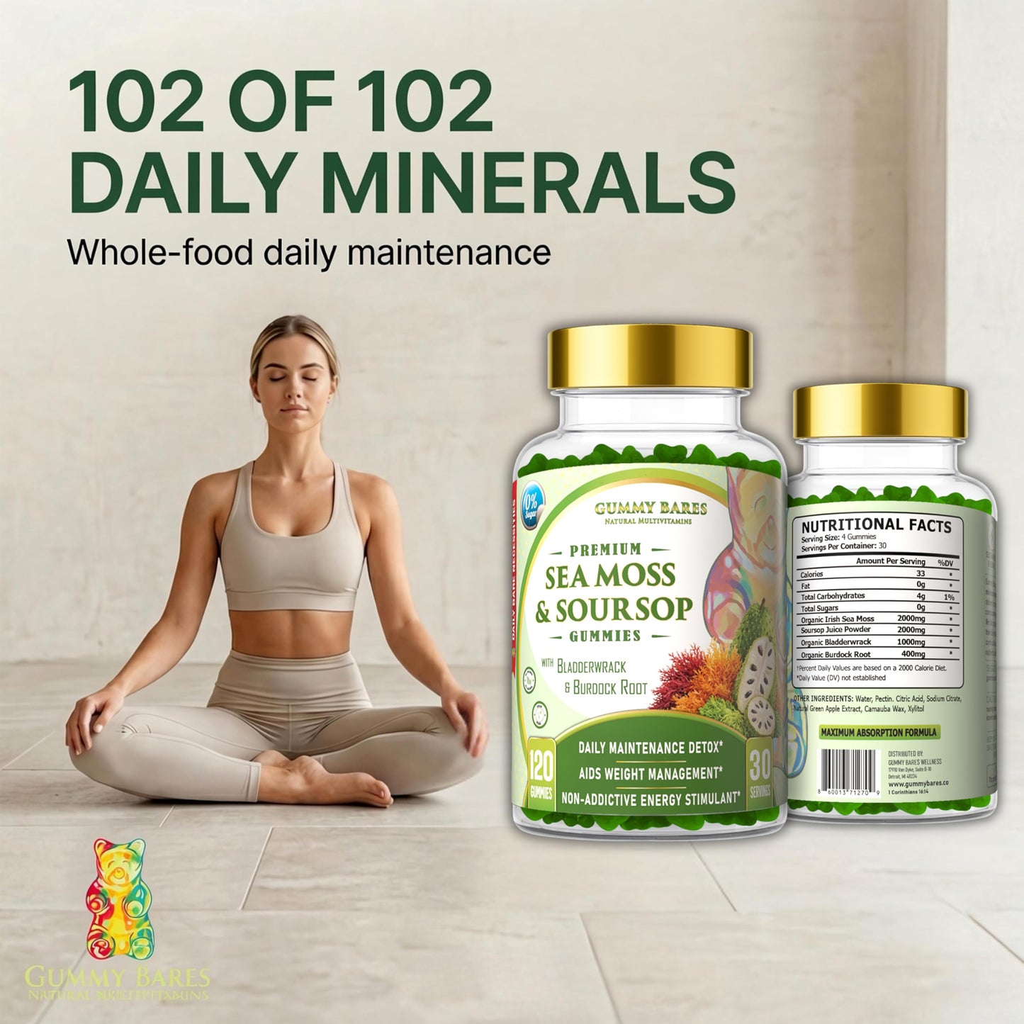 Gummy Bares Natural Multivitamins Sea Moss & Soursop Gummies 120 Count