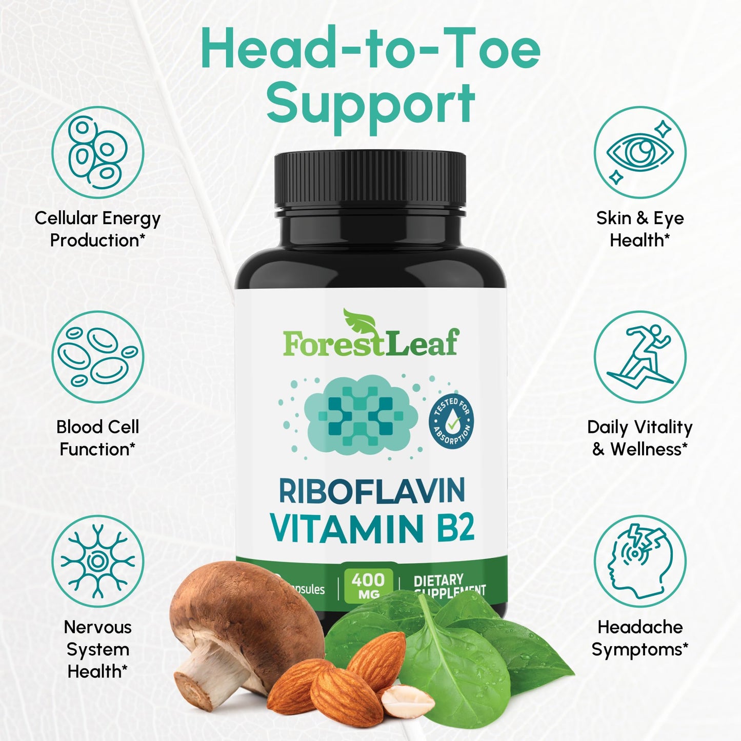 ForestLeaf Vitamin B2 Riboflavin 400mg Capsules, 180 Count