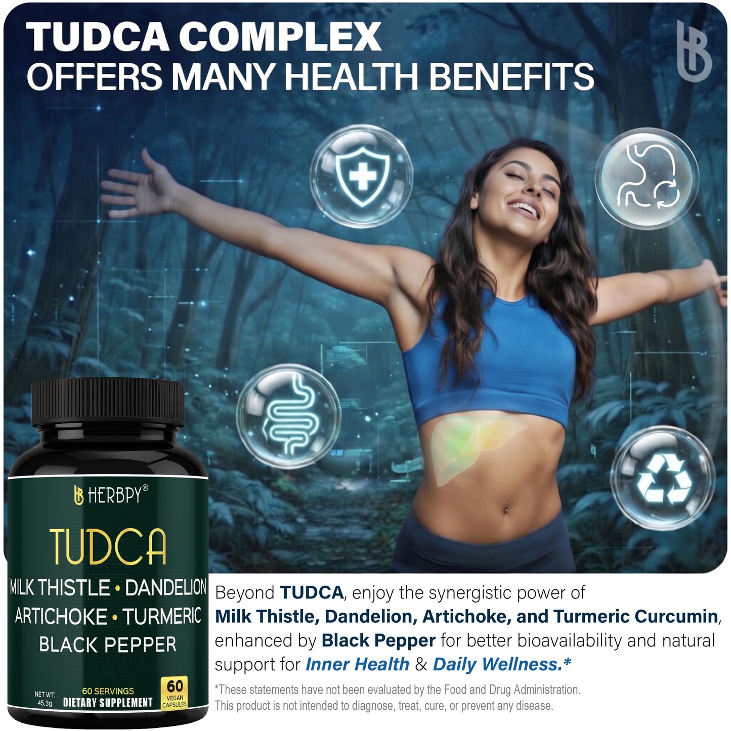 Herbpy 6in1 TUDCA Supplement (Tauroursodeoxycholic Acid) Capsules, 60 Count