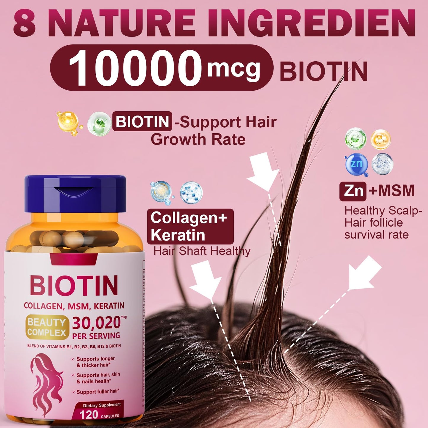 Dr. HR Biotin Supplements Keratin Vitamins MSM for Skin Nail Hair Health Capsules, 120 Count