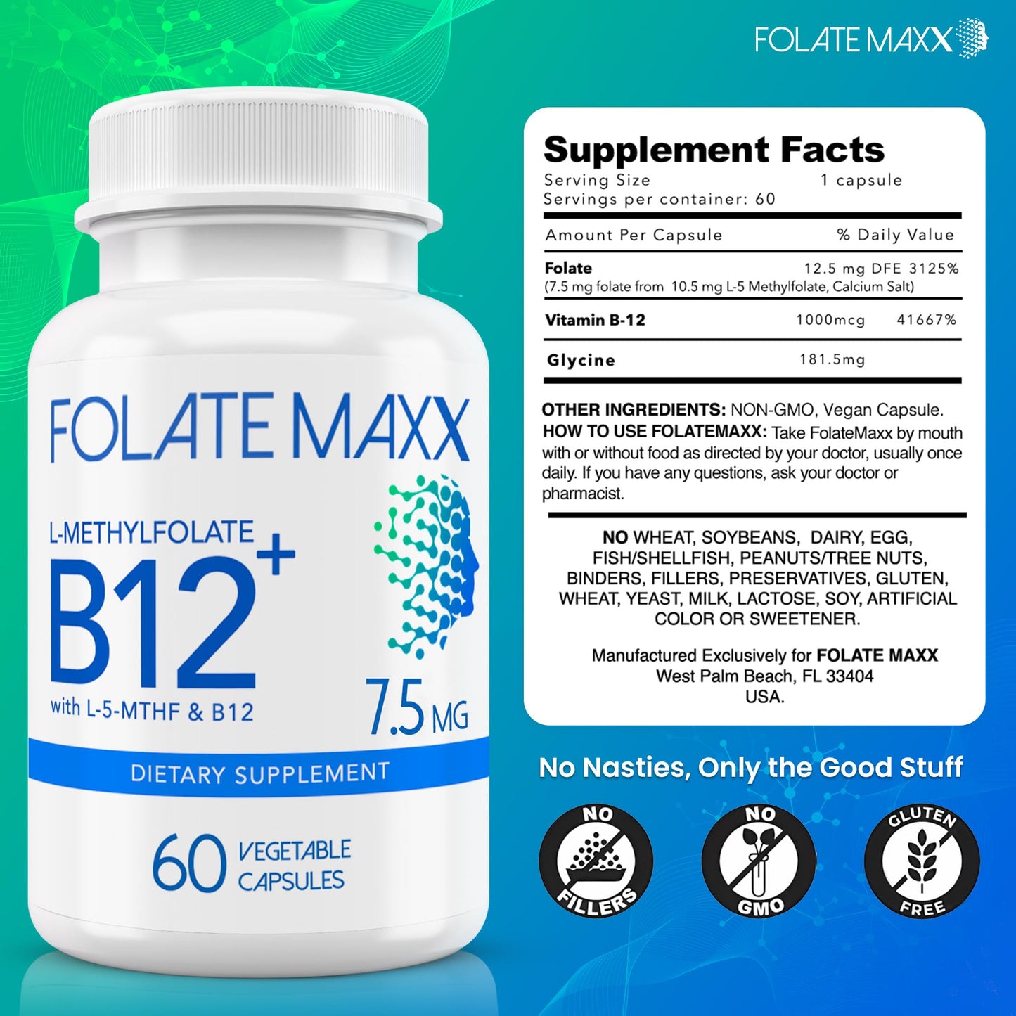 FOLATE MAXX L Methylfolate 7.5mg Plus B12 Methyl, 60 Capsules