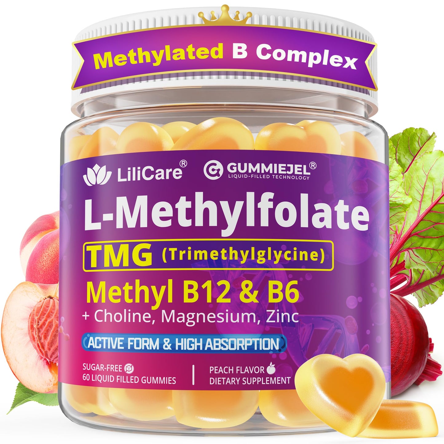 LILICARE L-MethylFolate + B12 Gummies, Methylated B Complex + TMG, Magnesium & Choline, 5-MTHF(B9) Active + Methyl B12, B6, Sugar Free, 60 Count