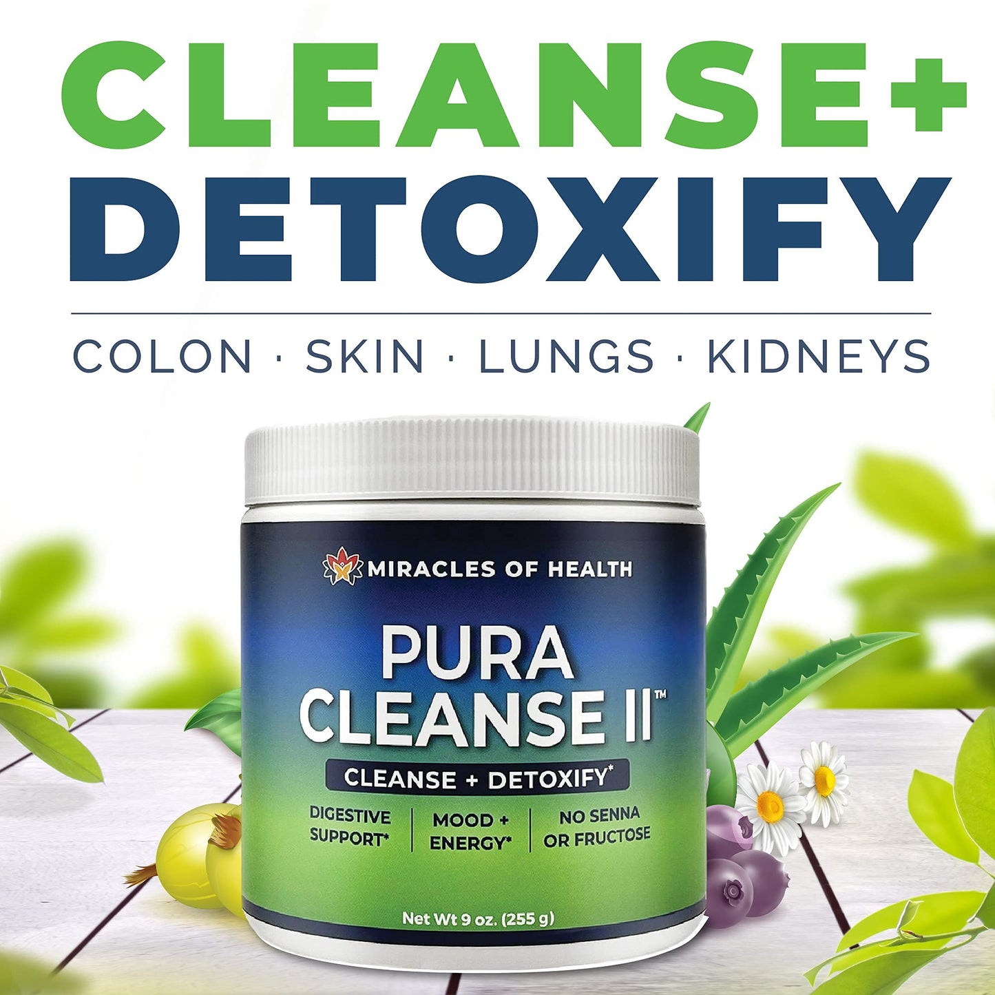 Miracles of Health Pura Cleanse II Super Herb & Fiber Detox Drink Powder, 9 Ounce