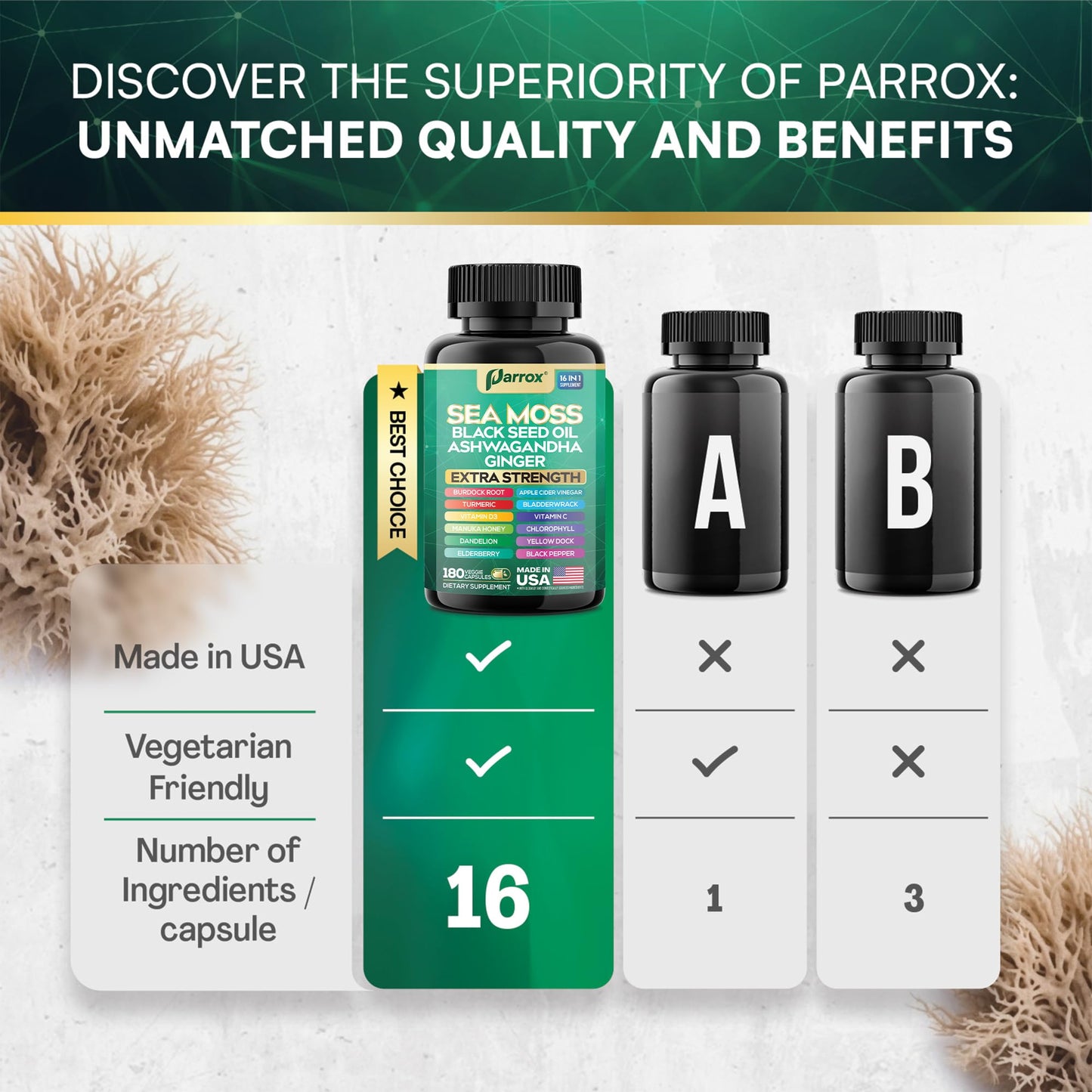 Parrox Sea Moss Black Seed Oil Supplement, 16-in-1 Ashwagandha Capsule, 180 Count