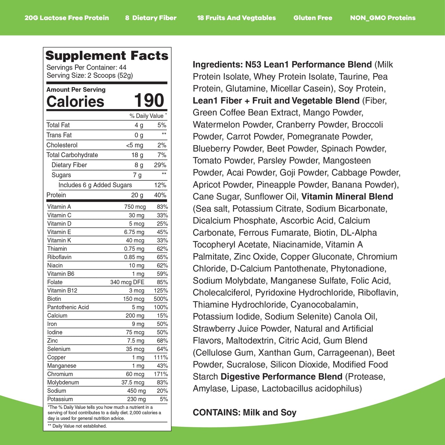 LEAN1 Meal Replacement Protein Shake Powder, Strawberry Flavor, 80 oz