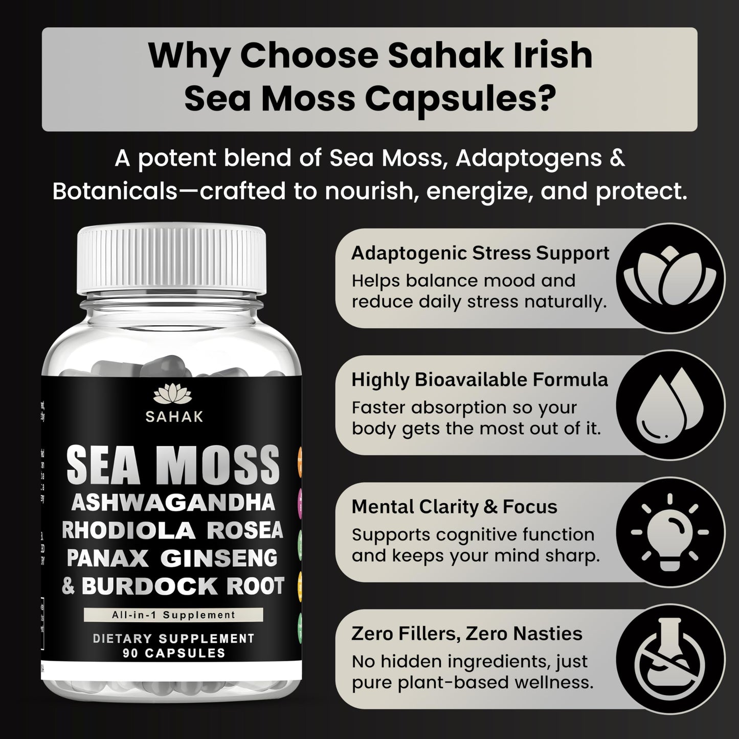 SAHAK Organic Sea Moss Capsules with Ashwagandha, Rhodiola, Panax Ginseng & Burdock Root, 90 Count