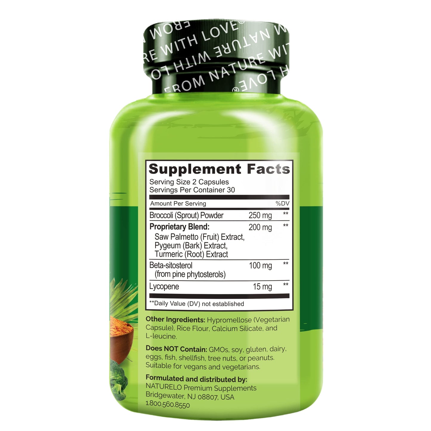 NATURELO Prostate & Urinary Health Comprehensive Formula with Saw Palmetto, Pygeum, Turmeric, Plant Sterols, Broccoli and Lycopene, 60 Vegetarian Capsules