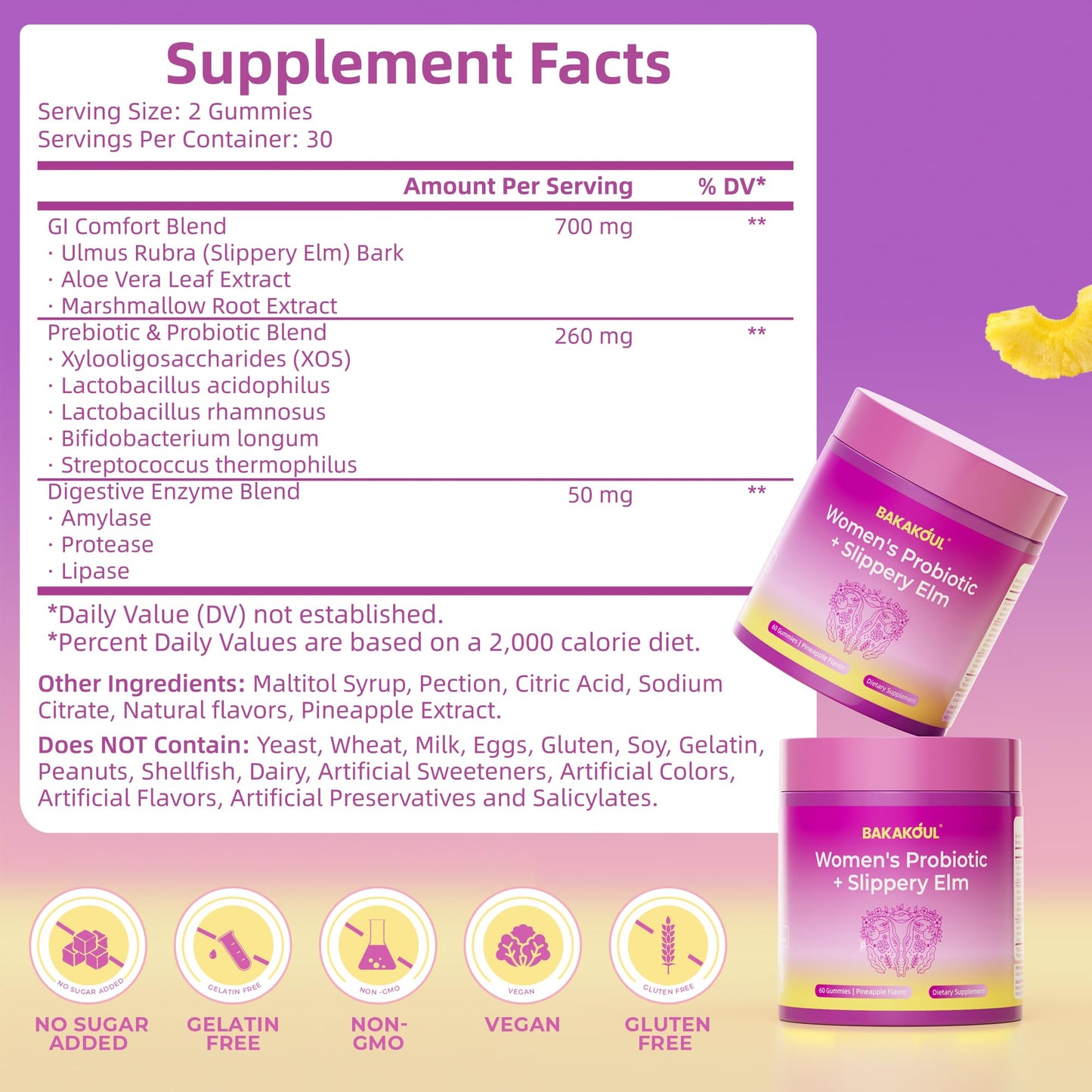 BAKAKOUL Feminine Probiotics Gummies for Women with Prebiotics & Probiotics, Supports pH Balance and Immune Health, Pineapple Flavor, 60 Gummies