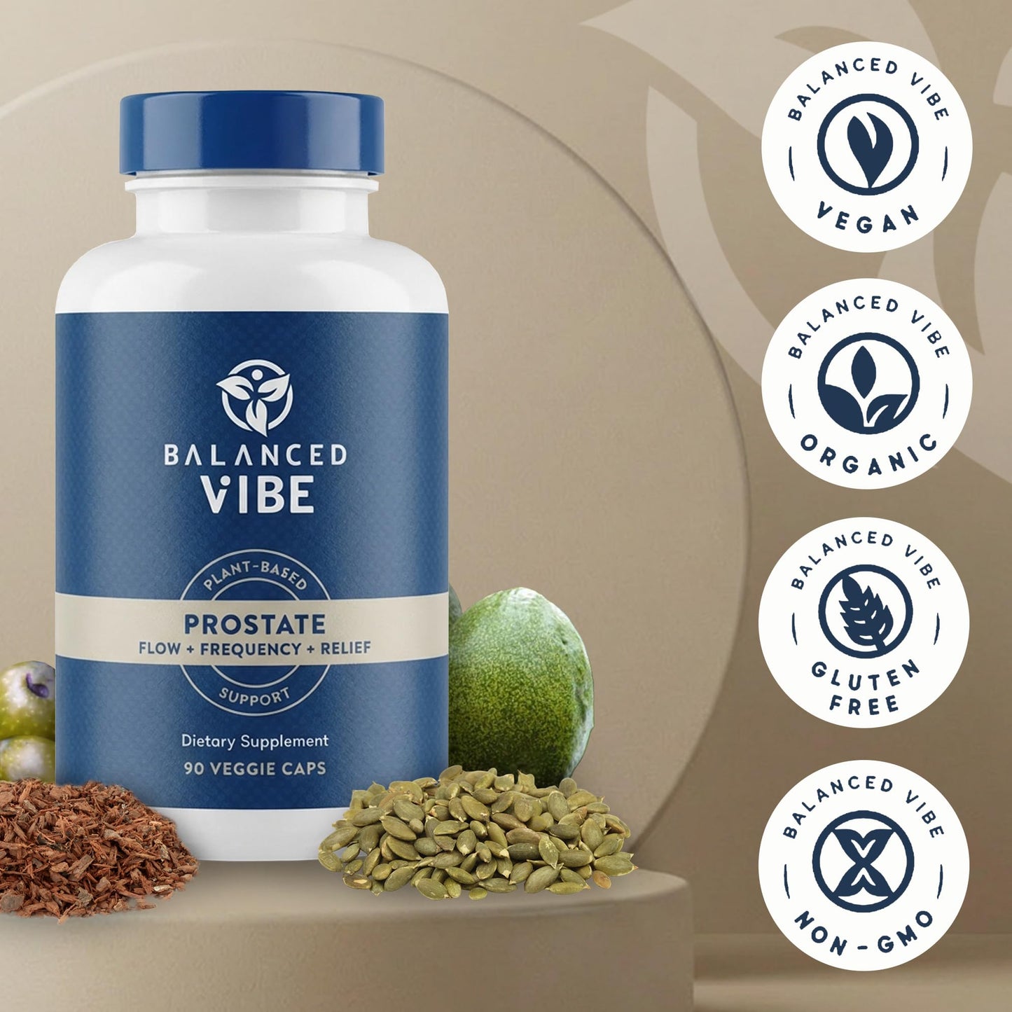 Balanced Vibe 11-in-1 Prostate Supplement for Men with Saw Palmetto, Pygeum, Beta-Sitosterol & Pumpkin Seed, Supports Prostate Health, Urinary Flow & Bladder Comfort, Vegan, GMO Free, 90 Capsules