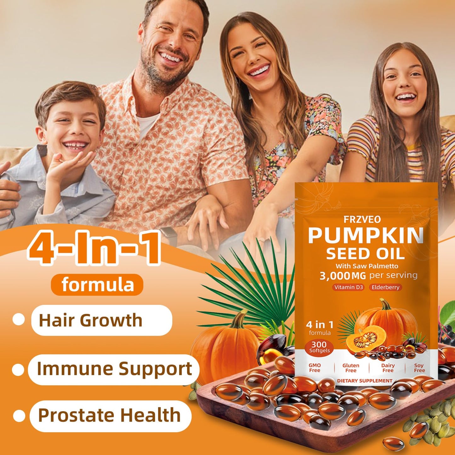 FRZVEO Pumpkin Seed Oil with Saw Palmetto, Vitamin D3 & Elderberry Capsules, 300 Capsules