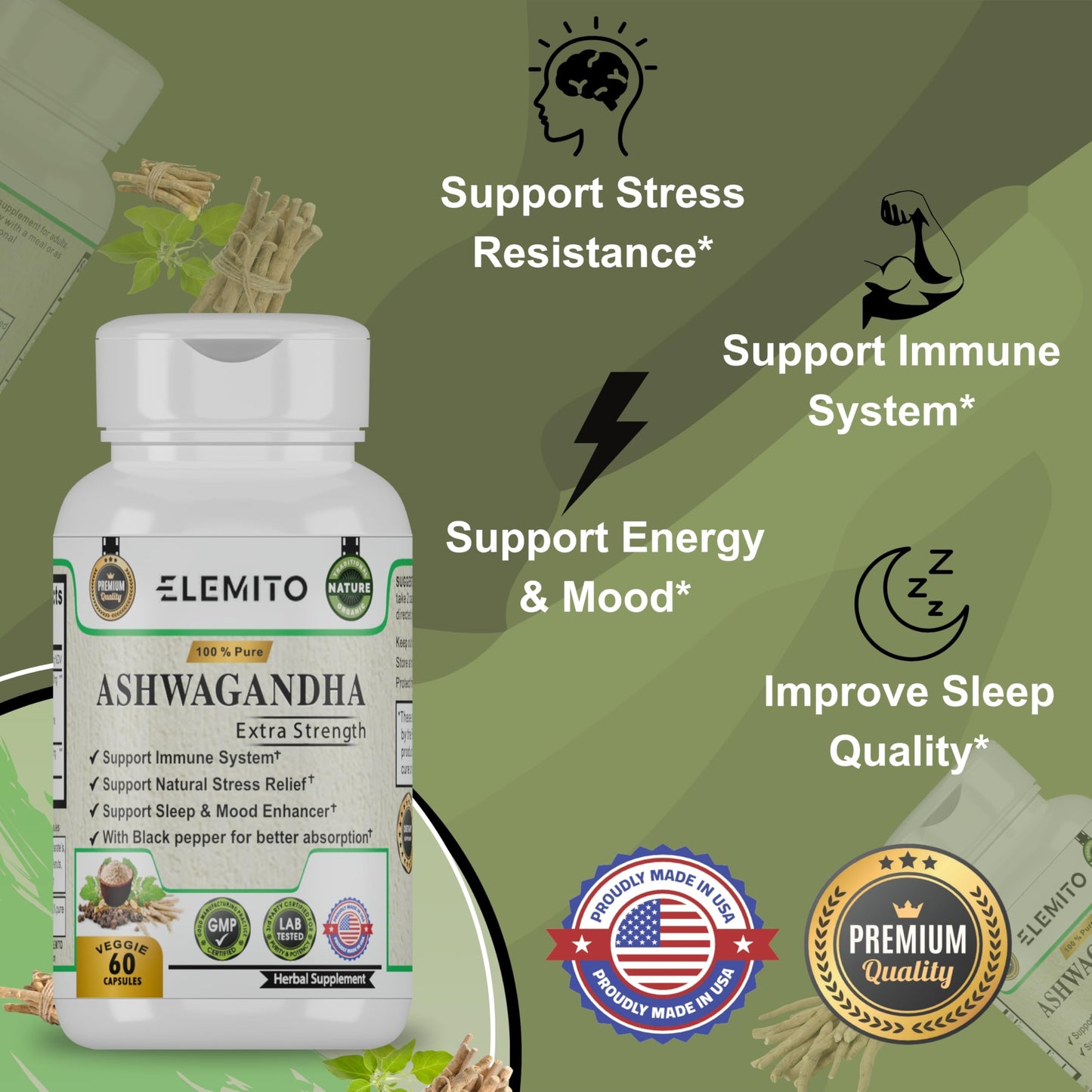ELEMITO Ashwagandha Extra Strength 60 Capsules