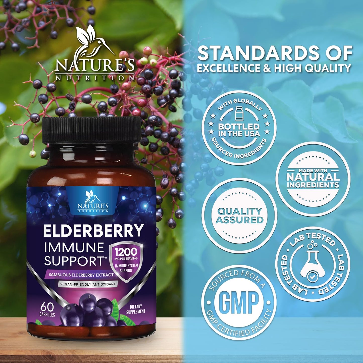 Nature's Nutrition European Elderberry Fruit Extract 1200mg Per Serving Capsules, 60 Count