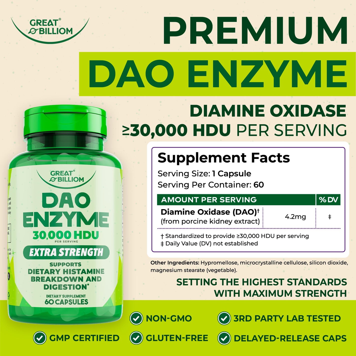 GREAT BILLIOM DAO Enzyme Supplement Diamine Oxidase Histamine, 60 Capsules