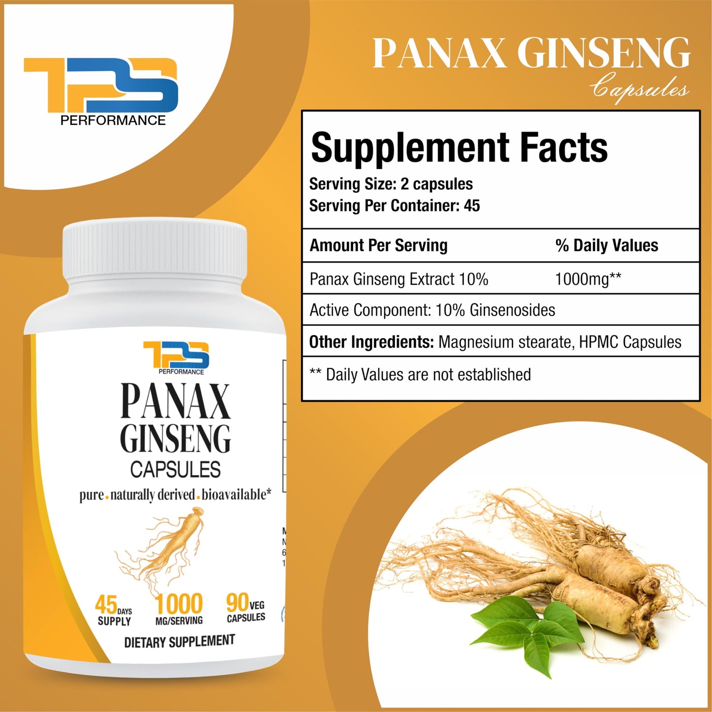 TPS PERFORMANCE Panax Ginseng Extra Strength 1000mg per Serving Veg Capsules 90 Count