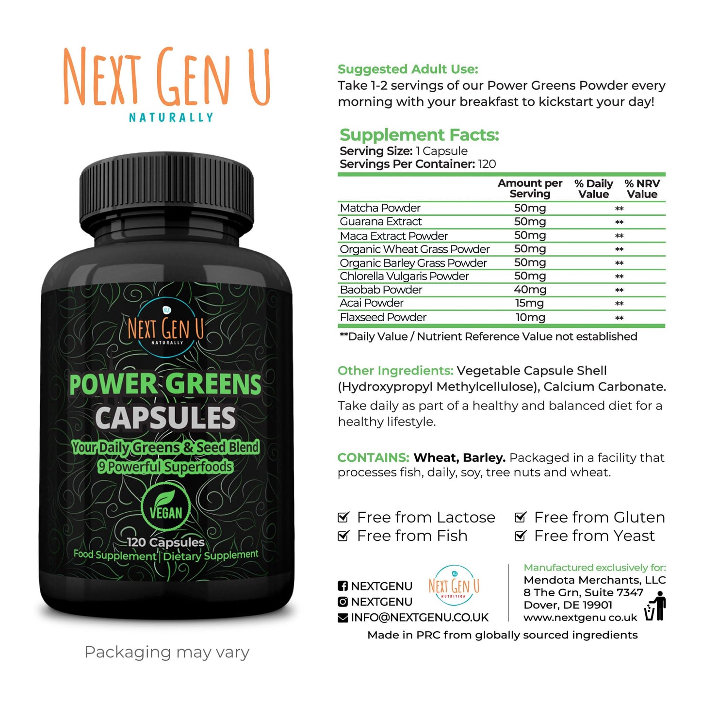NGU Next Gen U Super Greens Immune System Support Capsules 120 Count