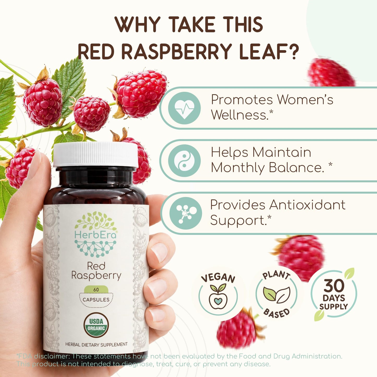 HerbEra USDA Organic Red Raspberry Leaf Capsules, 60 Capsules