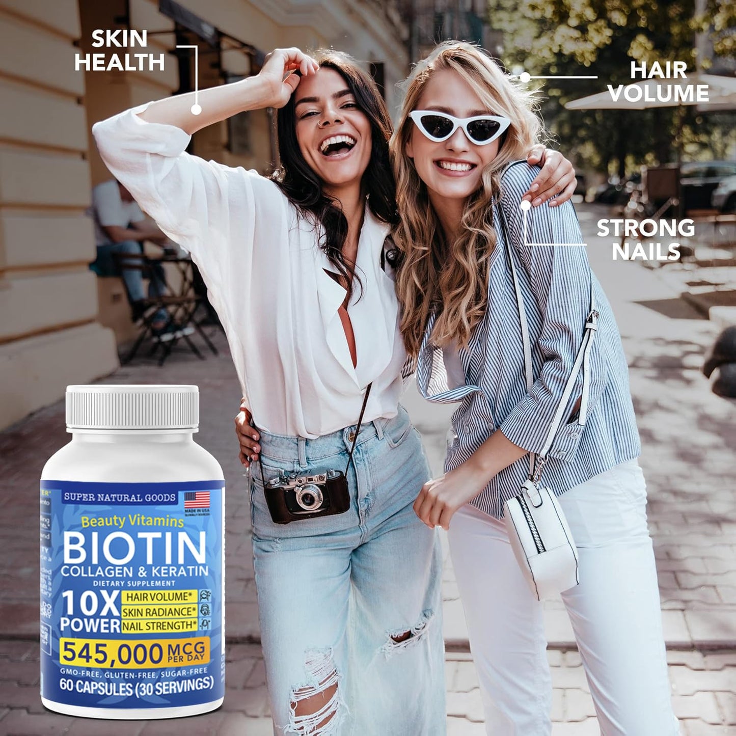 Super Natural Goods Biotin and Collagen Vitamins + Keratin with Folate, Hair Growth Support, 60 Capsules