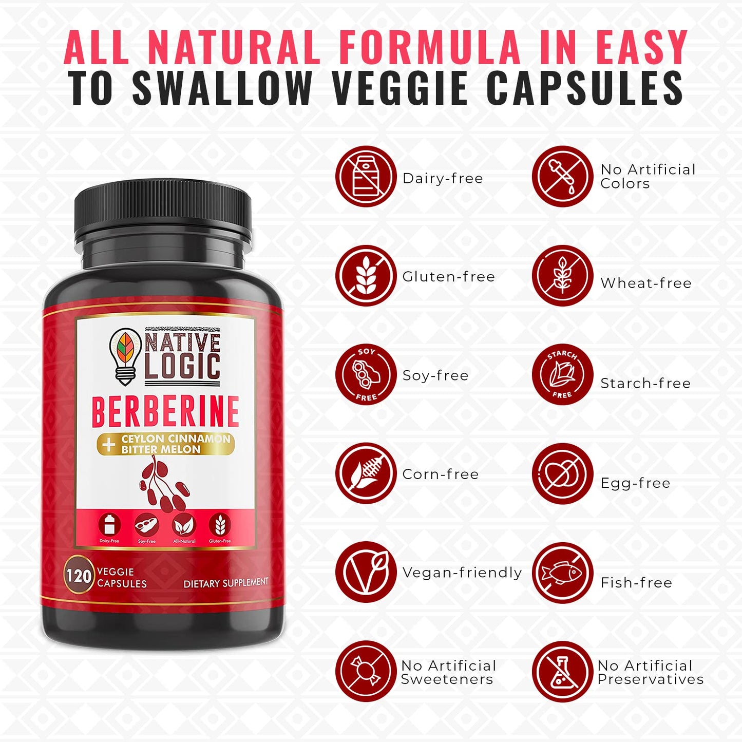 Native Logic Berberine HCL 1200mg with Ceylon Cinnamon, Bitter Melon, and Green Tea Extract Capsules, 120 Count