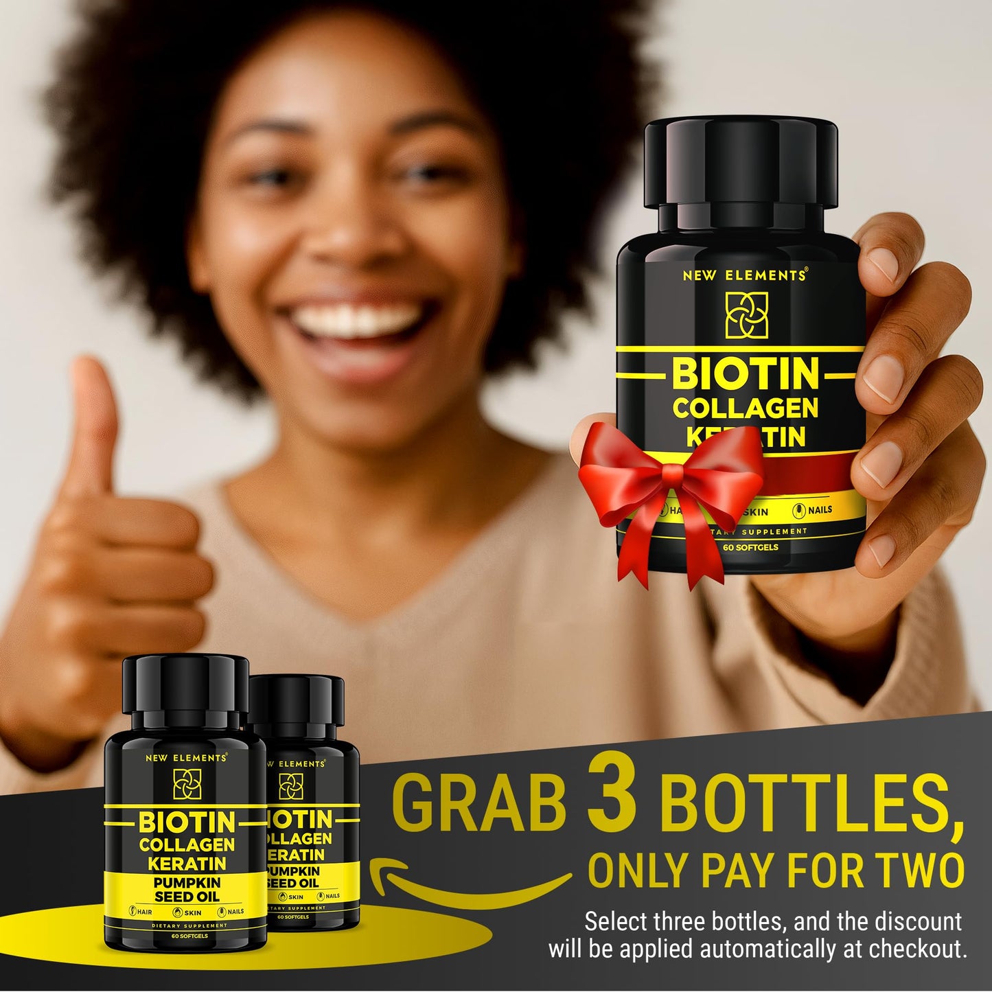 New Elements Biotin Supplement 10000mcg with Collagen Peptides Keratin and Pumpkin Seed Oil Softgels, 60 Count