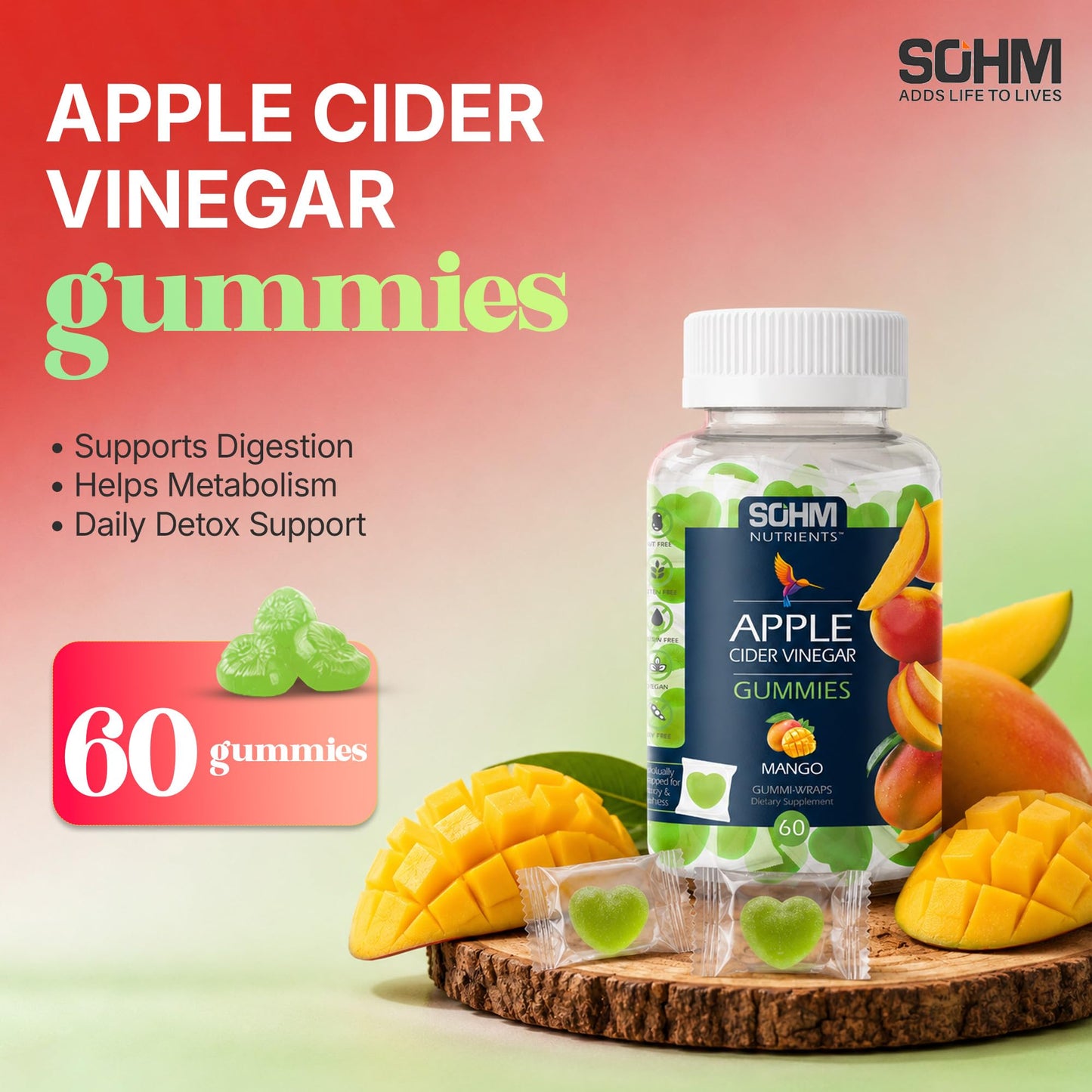 SOHM ADDS LIFE TO LIVES Apple Cider Vinegar Gummies 500 mg, 60 Gummies