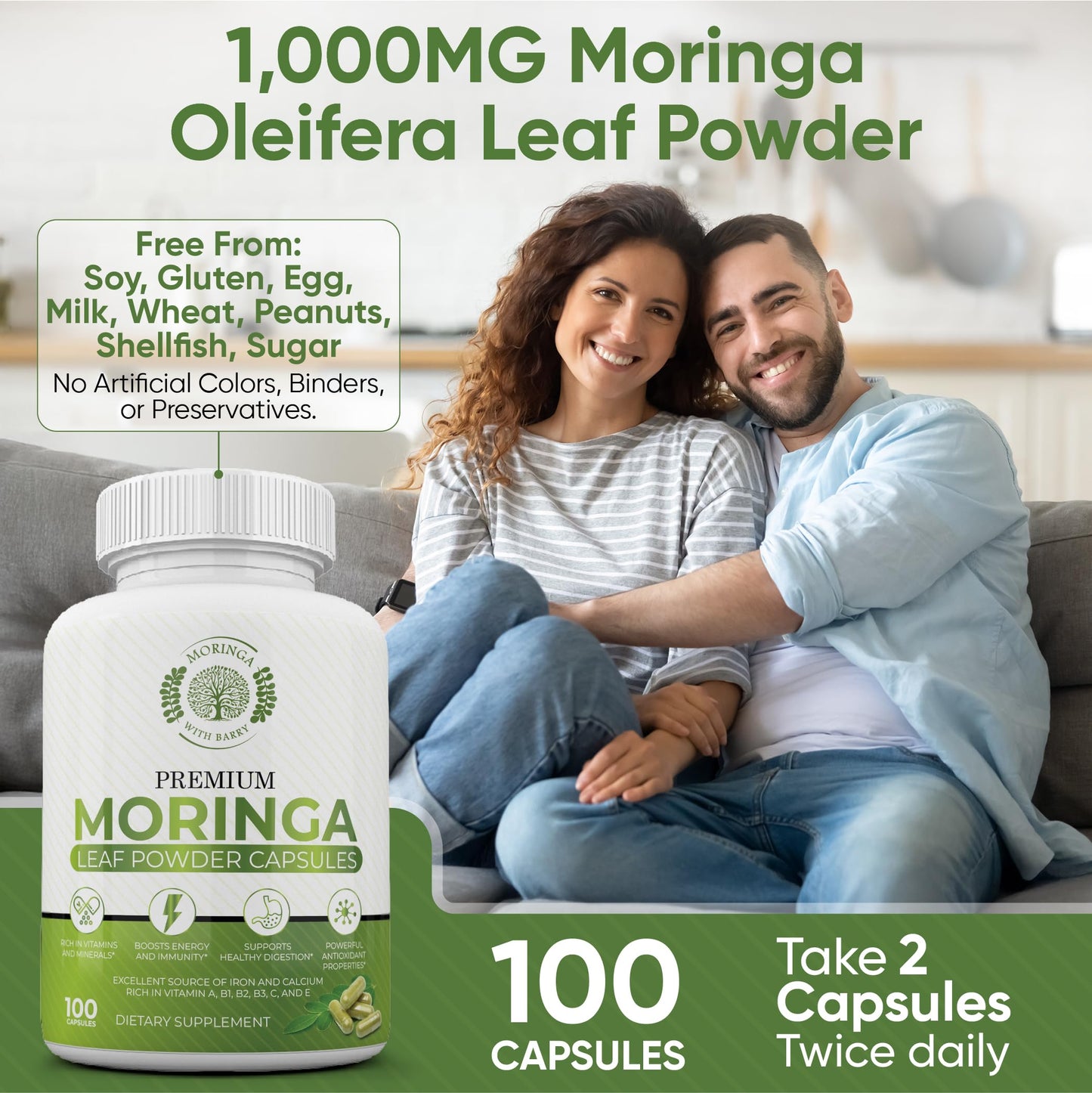 Moringa with Barry Moringa Capsules – 100% Pure Moringa Powder, Vegan Superfood Supplement for Energy, Immunity, Digestion & Vitality – Non-GMO, Gluten-Free – 100 Capsules