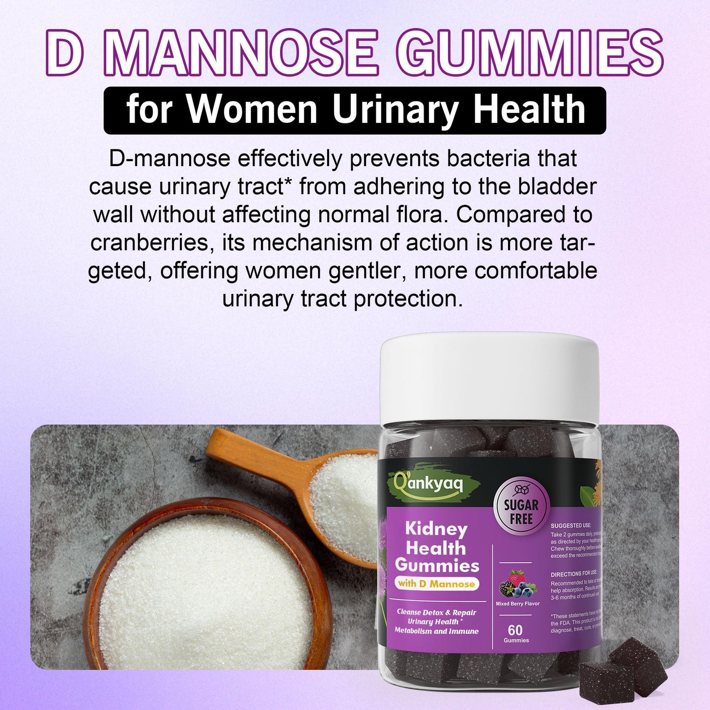 Q'ankyaq Kidney Cleanse Detox & Repair D-Mannose Gummies for Women, Urinary Health & Kidney Stone Support, 60 Gummies