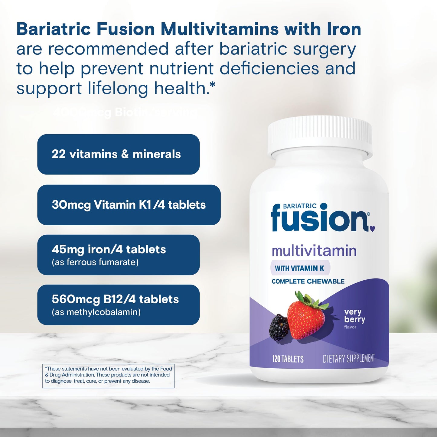 Bariatric Fusion Very Berry Complete Bariatric Multivitamin with Iron and Vitamin K for Bariatric Surgery Patients Including Gastric Bypass and Sleeve Gastrectomy, 120 Tablets