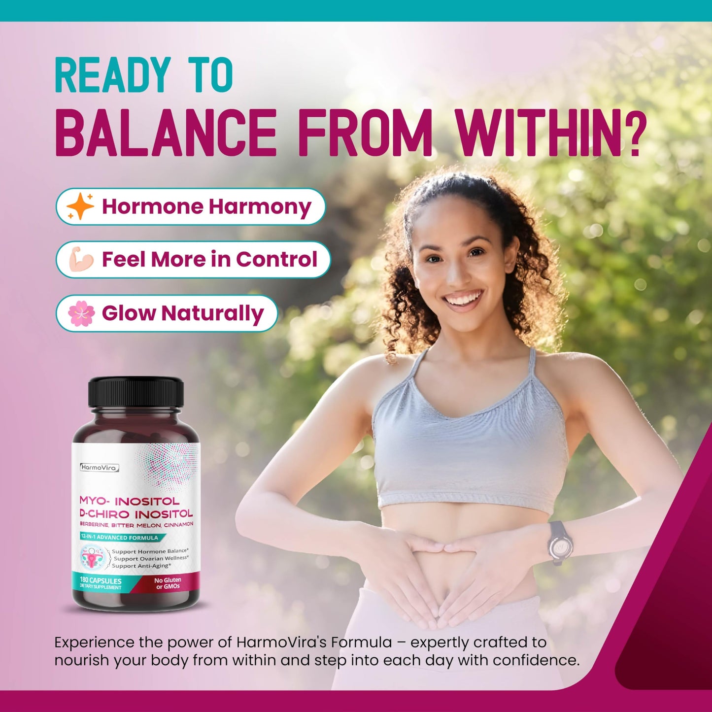 HarmoVira Myo-Inositol + D-Chiro Inositol Supplement – 12-in-1 Formula with Berberine, Cinnamon, Bitter Melon Capsules, 180 Count