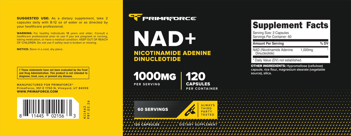 Primaforce NAD+ Nicotinamide Supplement (1,000mg) Capsules, 120 Capsules