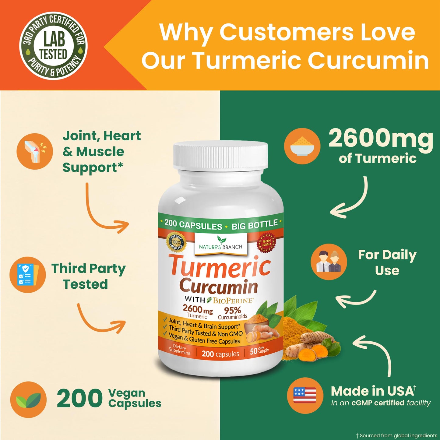 Nature's Branch Turmeric Curcumin Supplement 2600mg Capsules, 200 Count