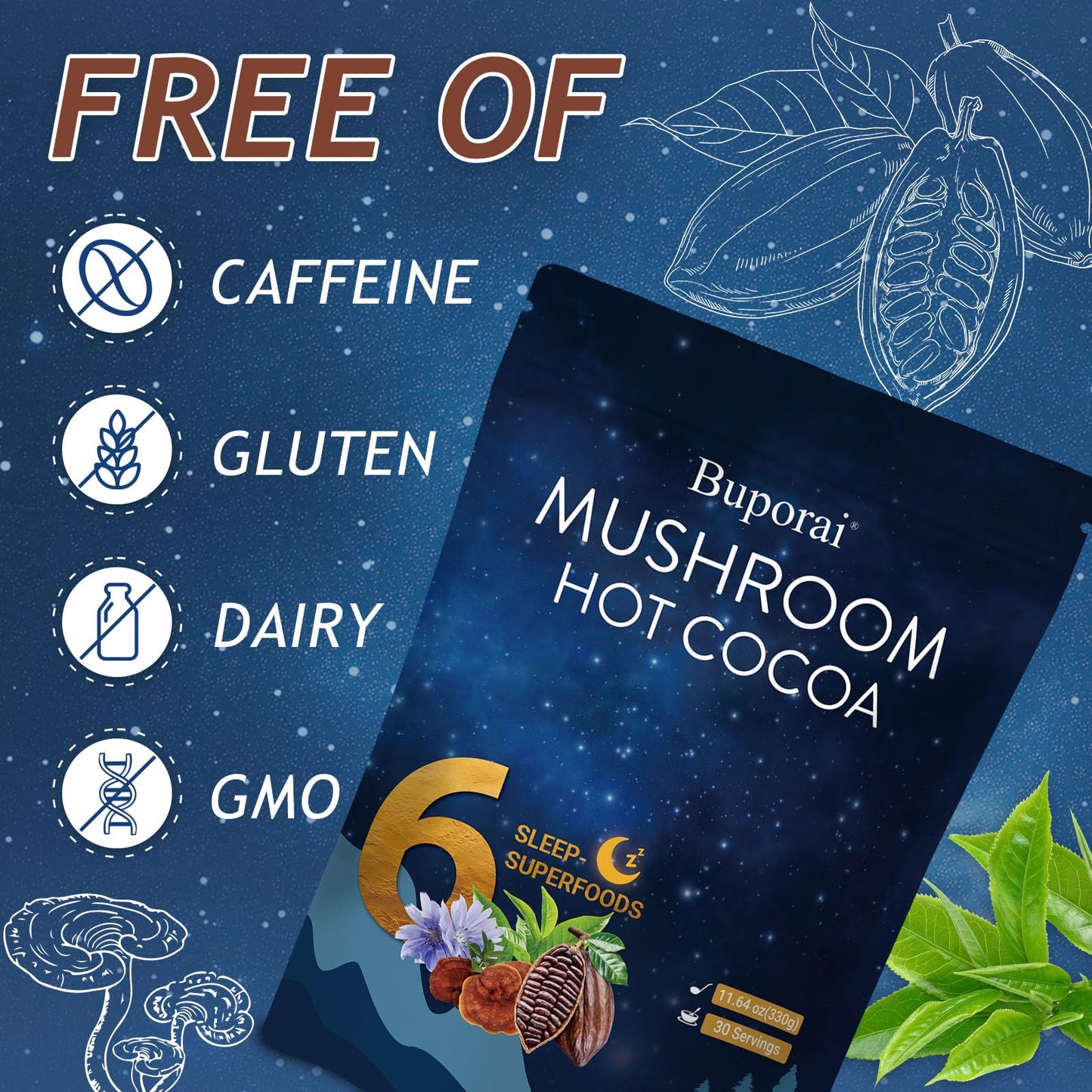 Buporai Mushroom Hot Cocoa with Melatonin, Reishi Powder 11.64 Ounce