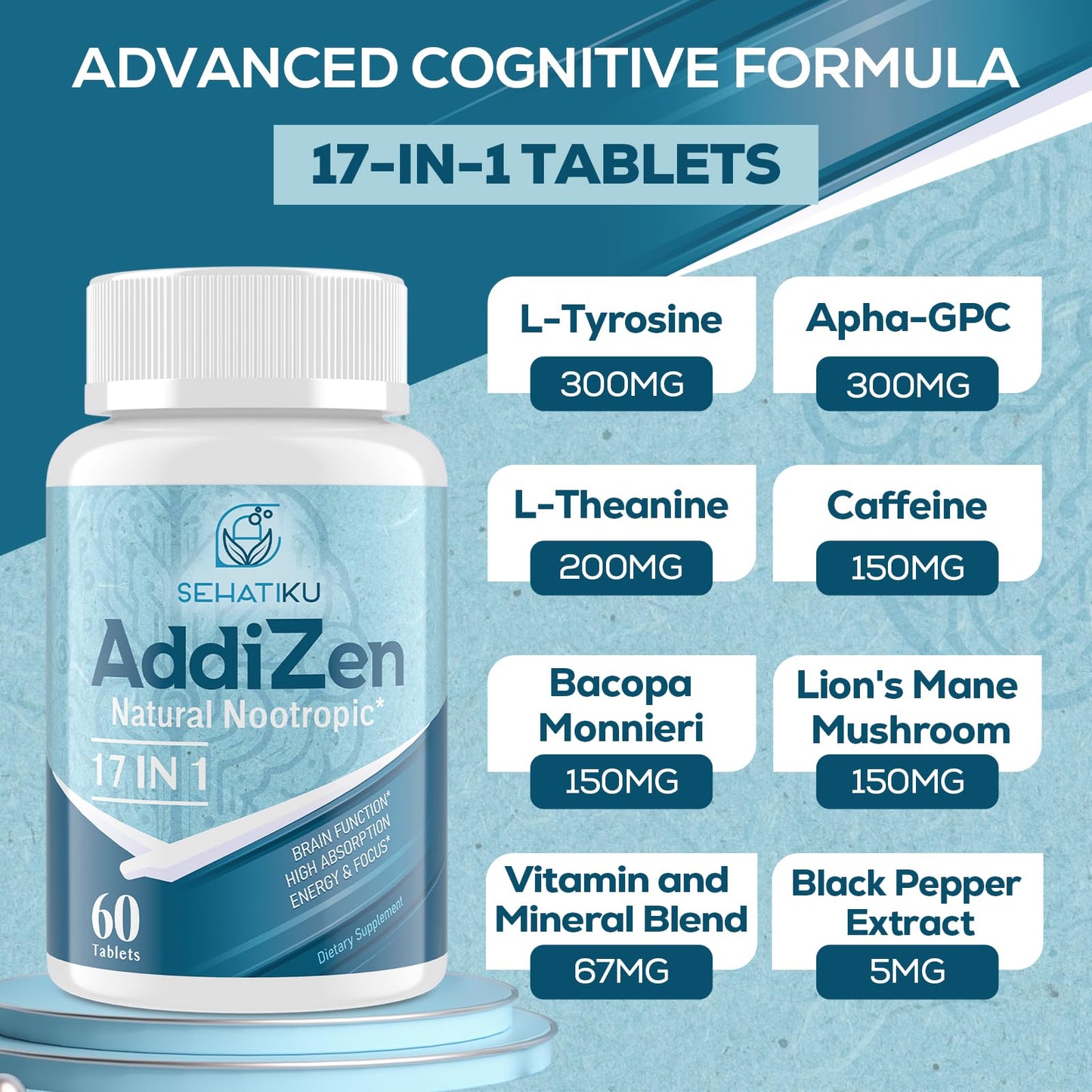 SehatiKu 17-in-1 Brain Supplement for Memory and Focus - High Absorption Tablet, 60 Tablets