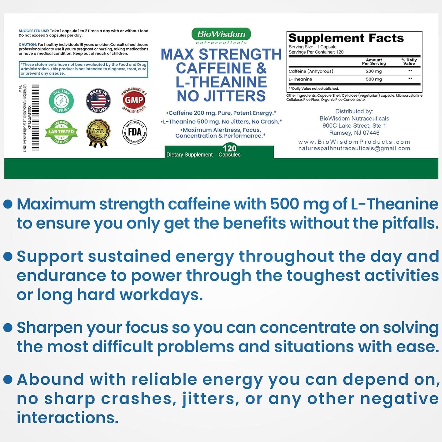 BioWisdom Nutraceuticals Max Strength Caffeine L-Theanine Capsules 240 Count