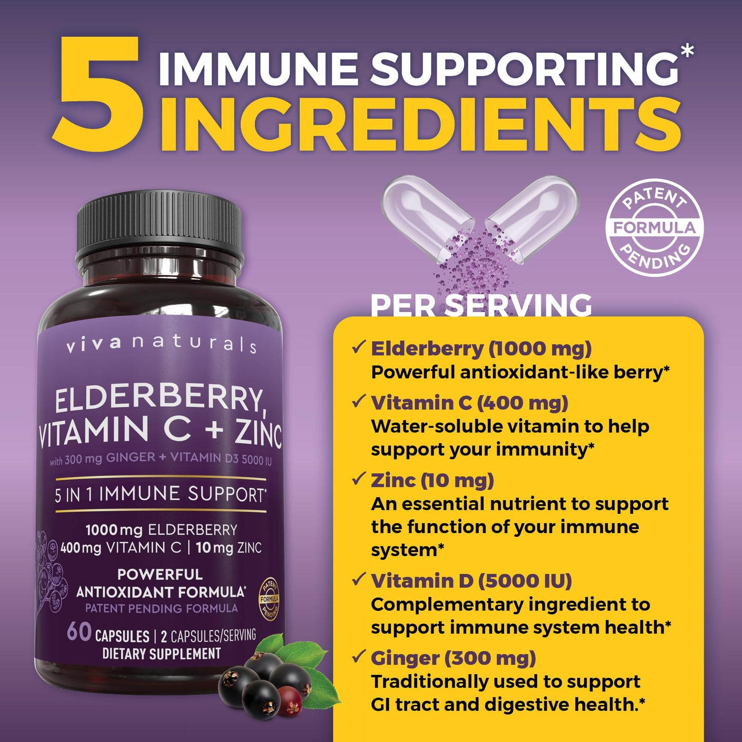 Viva Naturals Black Elderberry 1000mg with Vitamin C, D3 5000 IU & Zinc - 5-in-1 Immune Support Capsules, 60 Count