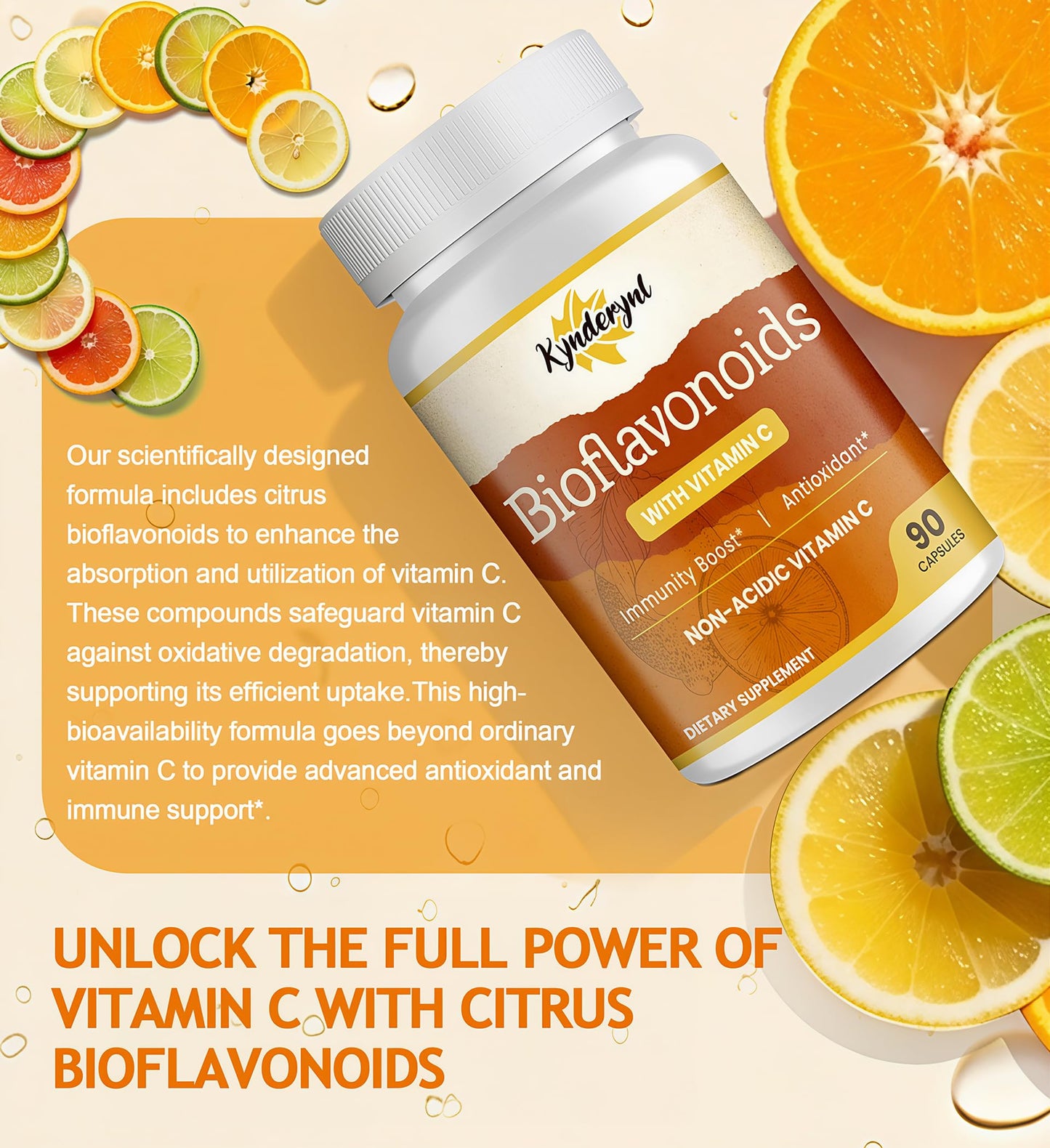 Kynderynl Vitamin C with Bioflavonoids Supplement for Immunity & Antioxidant & Skin - Blend of VIT C 1000mg and Citrus Bioflavonoids 1100mg, Non-Acidic Acerola Cherry Vitamin C, Vegan, 90 Capsules